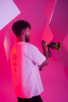 A male videographer holding a gimbal in a vibrant pink studio.