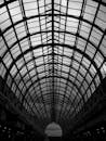 Black and white photo of a glass roofed building