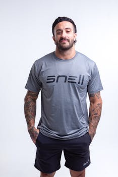 Portrait of a tattooed man in a gray t-shirt and shorts, standing confidently in a studio with a white background.