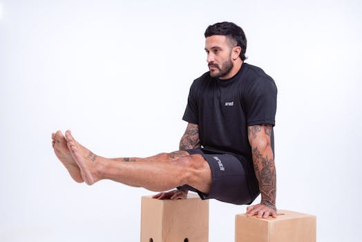 Man demonstrating strength in studio setting, wearing black sportswear and showcasing tattoos.