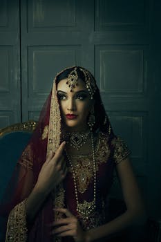 这幅肖像令人惊叹，描绘了一位佩戴精致传统珠宝、身着栗色纱丽的女子，散发着优雅的气质