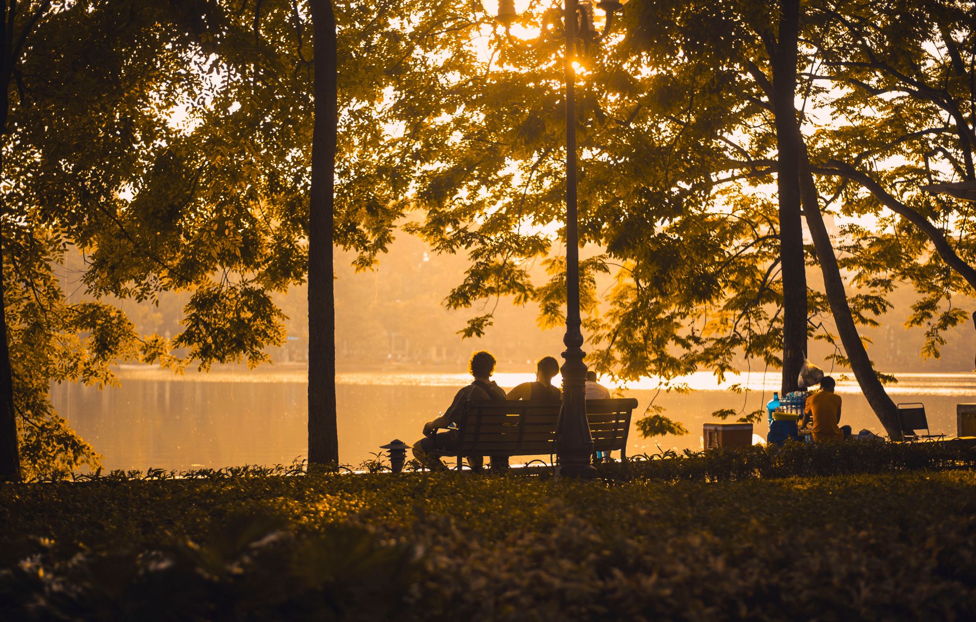 People relaxing on a park bench by the lake at sunrise, surrounded by lush trees.
