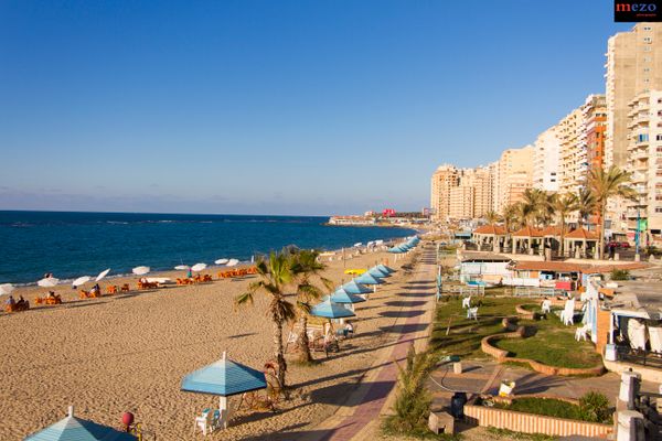 Beach huts along the Alexandria Corniche on the Mediterranean