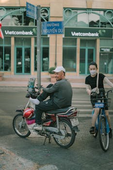 Urban street scene featuring motorbikes in Ho Chi Minh City, Vietnam.