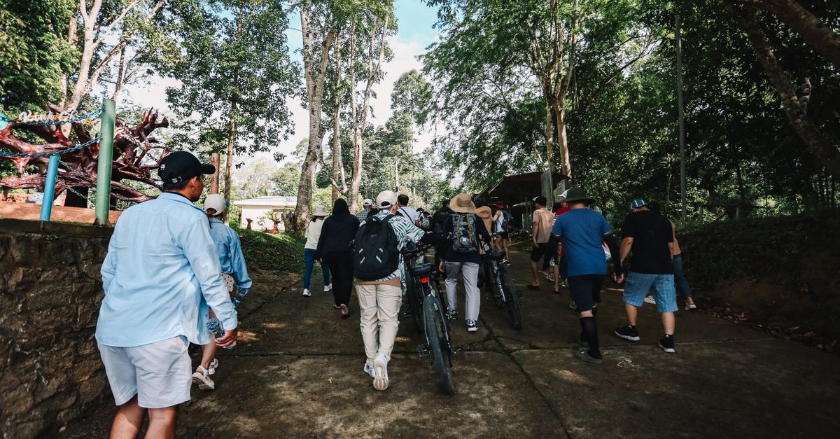 A group of church members walking together in a park, wearing matching