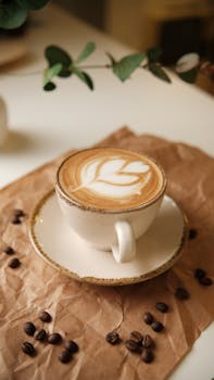 A beautifully crafted coffee latte with foam art in a cup on a rustic table.