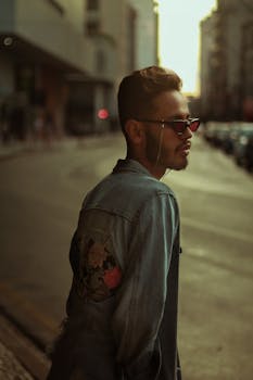 Stylish man posing on an urban street at sunset, wearing a denim jacket and sunglasses.