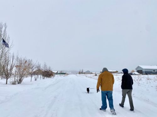 Free Two people and a dog walking in a snowy rural landscape during winter. Stock Photo