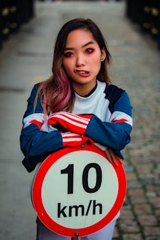 Asian woman in trendy outfit posing with a 10 km/h road sign, showcasing urban fashion and style.