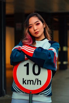 Stylish woman poses with a speed limit sign, showcasing her unique fashion and hairstyle.