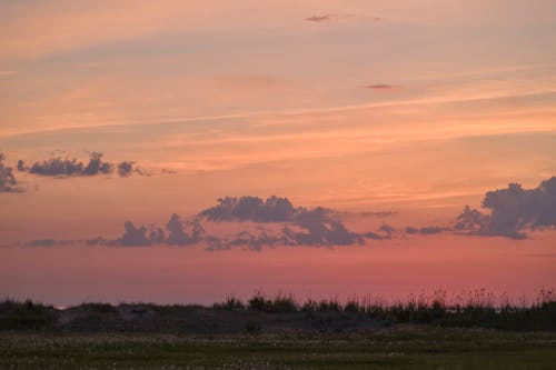 Colourful sunset sky over grassland
