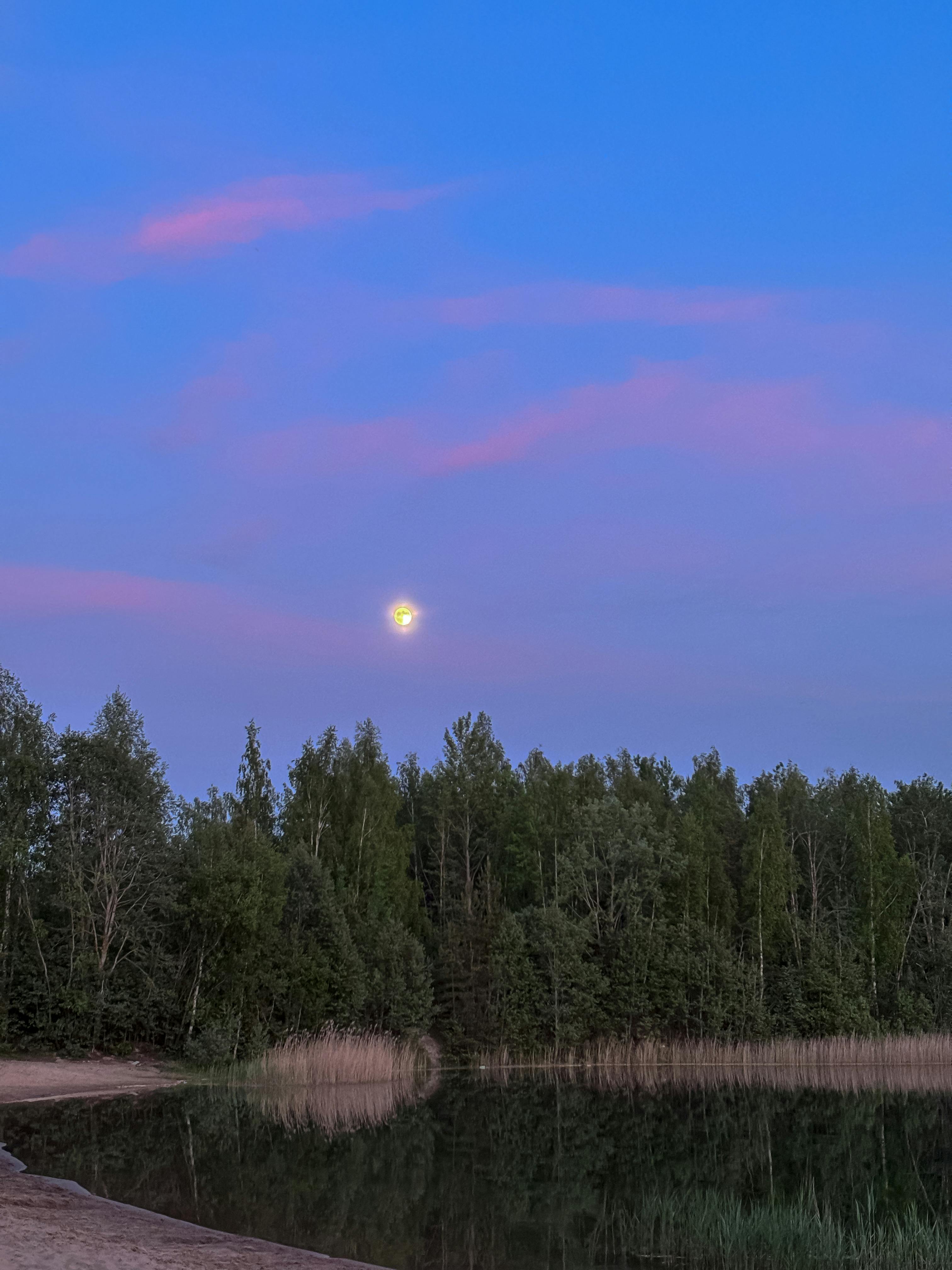 Captivating twilight scene over a serene lake with moonlit skies and forest reflections.