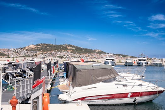 Vibrant marina in Foça, İzmir, featuring motorboats under a clear blue sky.