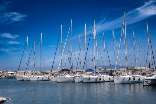 Serene view of luxury yachts moored at Foça Marina, İzmir, under a clear summer sky.