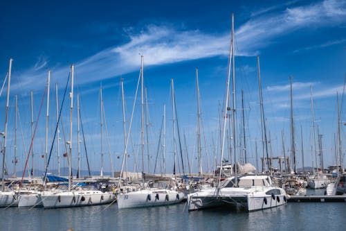 A marina with many sailboats docked in it