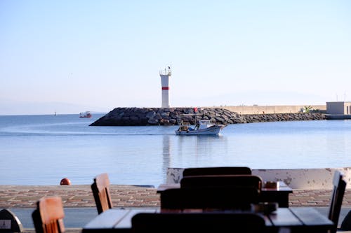 A view of the sea from a restaurant table