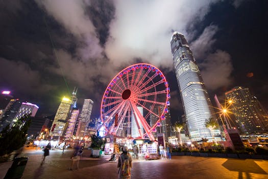 Captivating nighttime scene of Hong Kong's illuminated Ferris wheel against a vibrant cityscape.