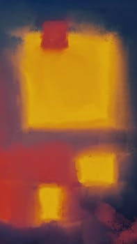 Vibrant abstract painting featuring bold geometric shapes in warm colors, reflecting an expressionist style.