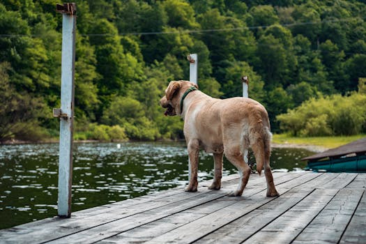 一只拉布拉多猎犬站在木制码头上，凝视着被郁郁葱葱的绿树环绕的宁静湖泊