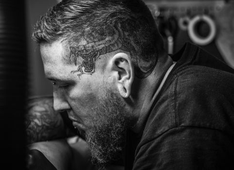 Close View of Man With Beard and Cobra Tattoo on Side of His Head