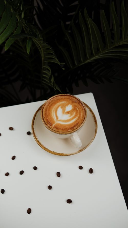 Free Beautiful latte art in a porcelain cup with coffee beans on a white table, surrounded by greenery. Stock Photo