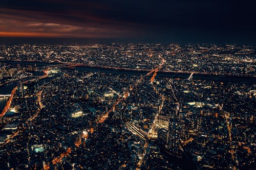 An aerial view of the city at night