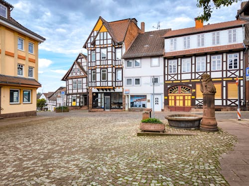 A cobblestone street with buildings and a statue