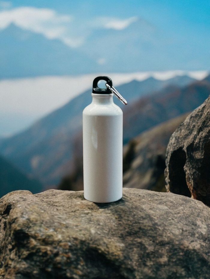 A white insulated steel flask on a mountain ledge — photo by Marina Andreeva on Pexels