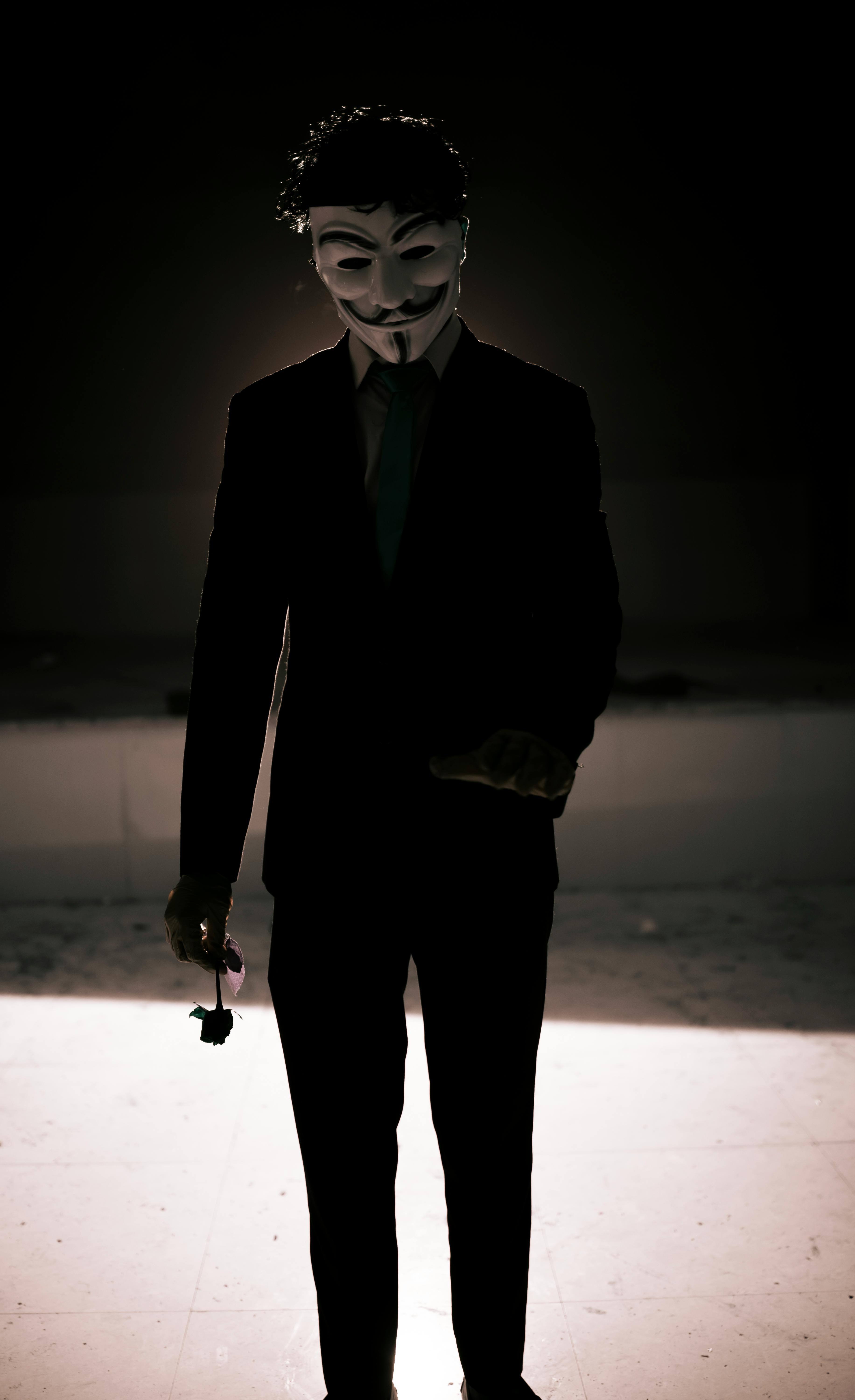 Free Silhouette of a person in a suit wearing an anonymous mask, standing in dim lighting holding a rose. Stock Photo