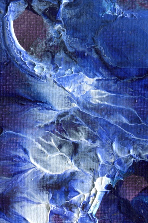 A blue abstract painting with a white background