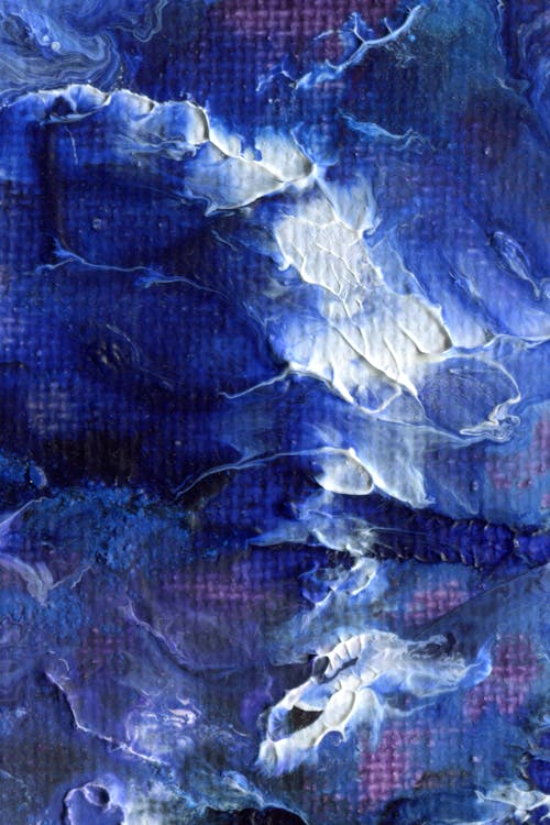 An abstract painting with blue and white colors