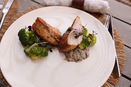 A white plate topped with chicken and broccoli