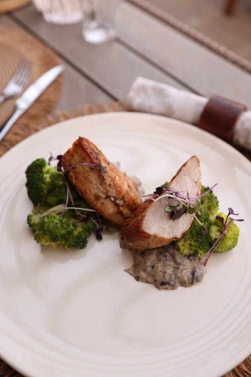 A white plate topped with chicken and broccoli