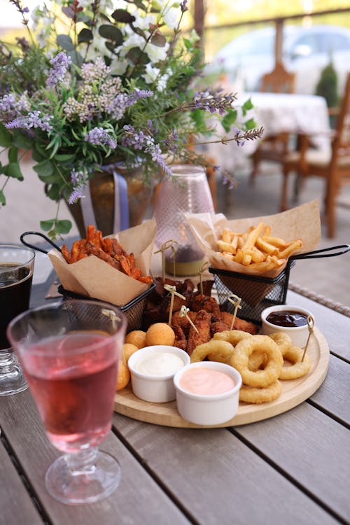 A table with food and drinks on it