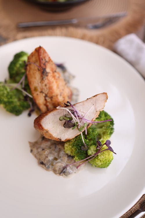 A white plate topped with chicken and broccoli