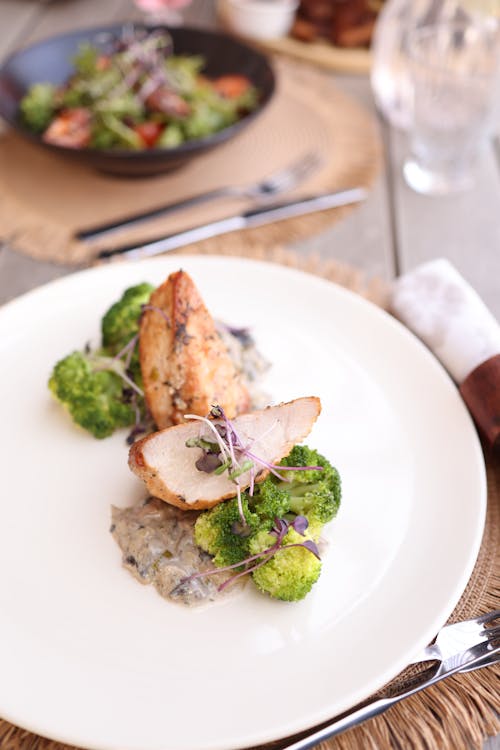 A plate with chicken and broccoli on it