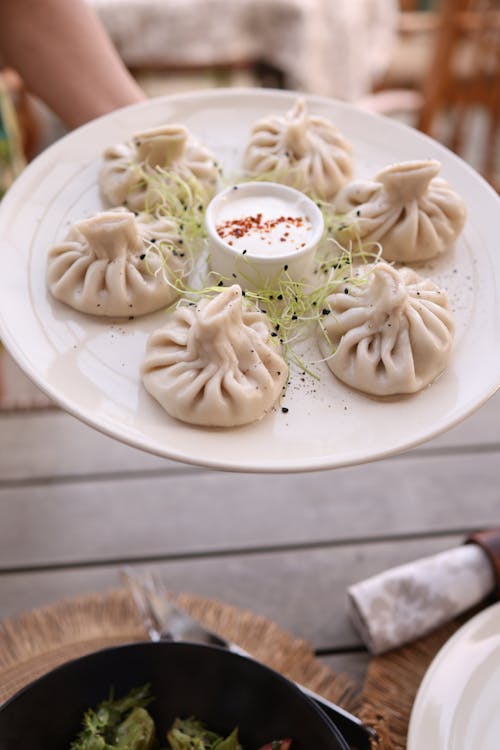 A person holding a plate of dumplings with sauce
