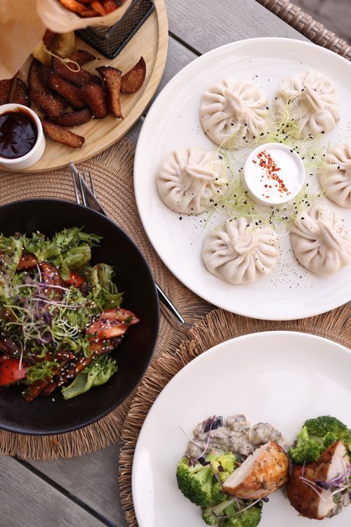 Free A beautifully arranged Asian fusion meal featuring dumplings, salad, and chicken with broccoli on elegant plates. Stock Photo