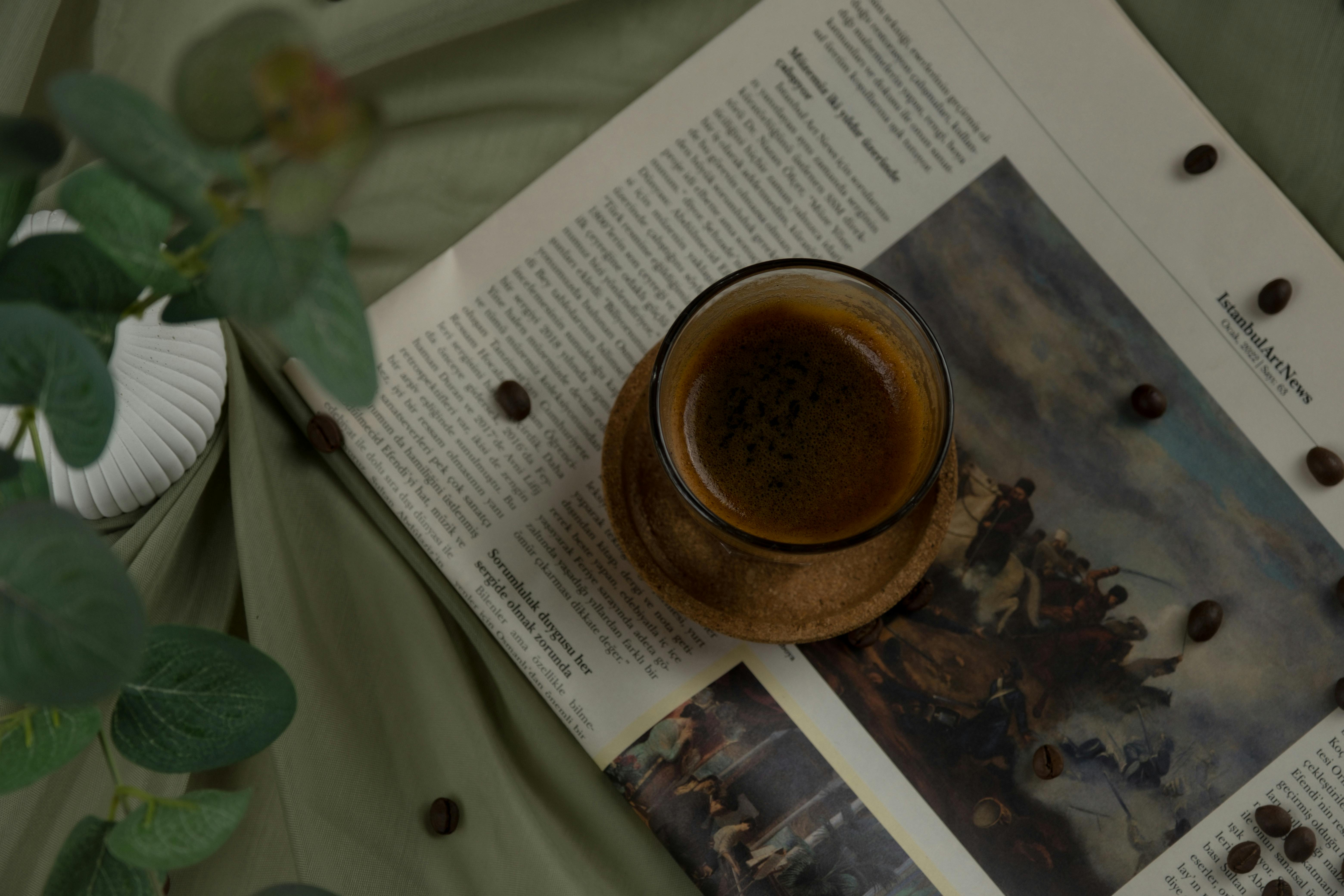 how to make a mocha at home without espresso - A cozy coffee setup with a cup on a newspaper, surrounded by greenery, ideal for relaxation themes.