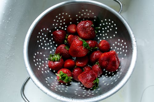 High-Angle Photo of Strawberries in Strainer