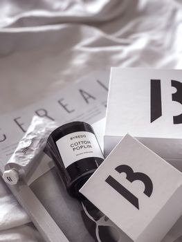 Minimalist still life featuring a luxury scented candle and branded packaging on a soft background.