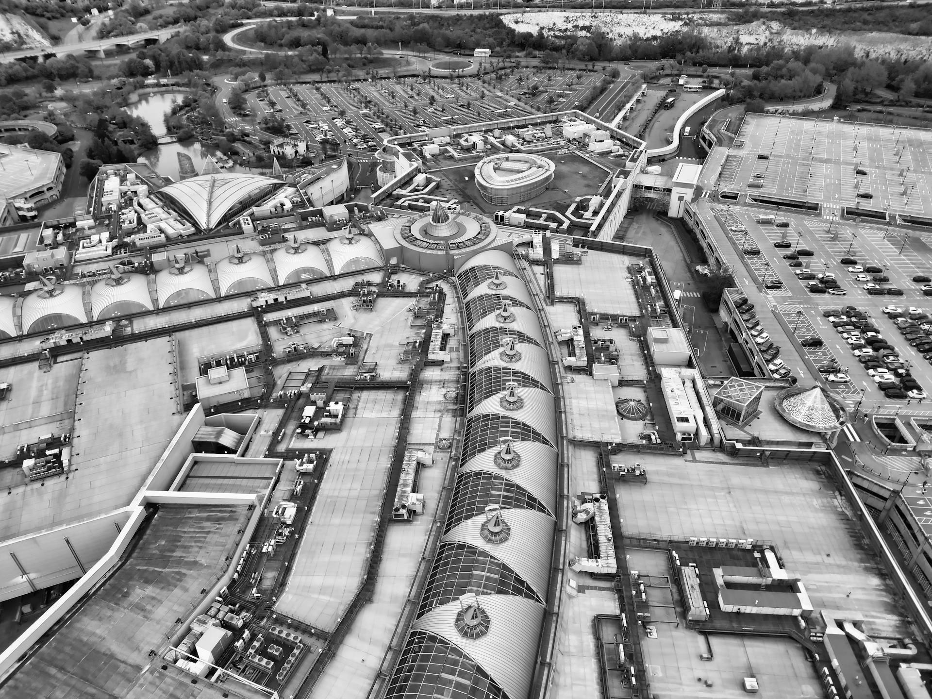 Black and White Aerial View of Roof of a Shopping Mall