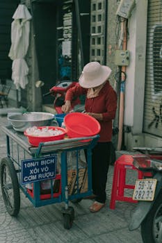 A Vietnamese woman selling food on a street in Ho Chi Minh City.