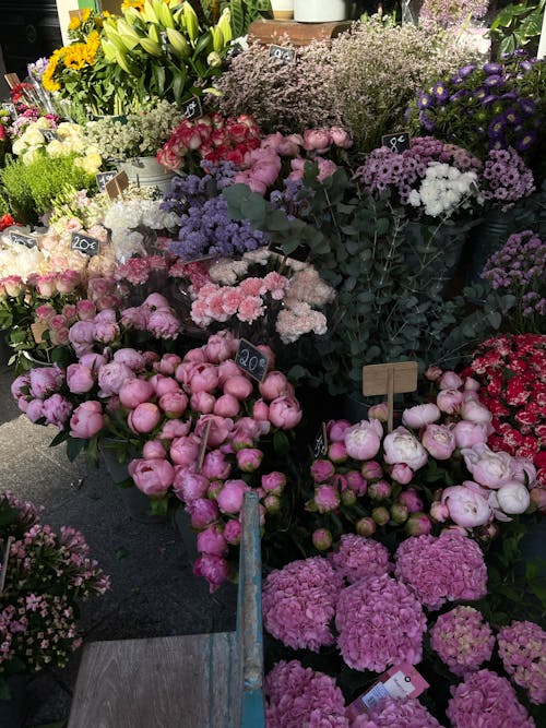 A flower stand with many different types of flowers