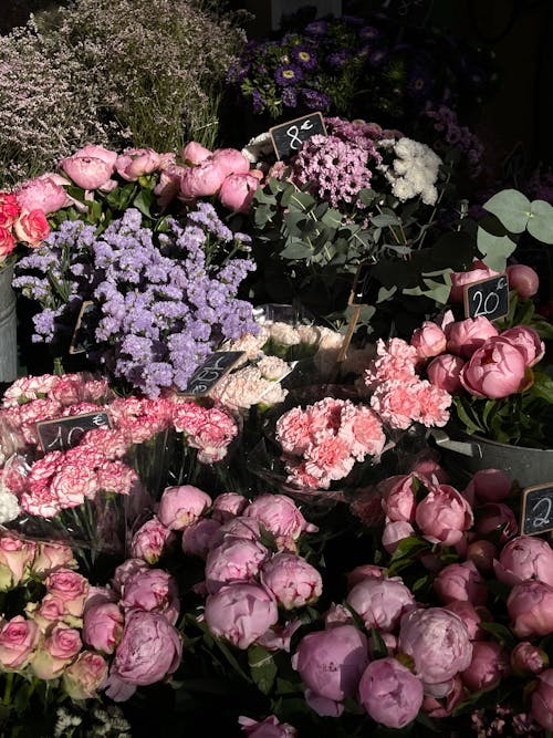 A bunch of flowers are displayed in a market