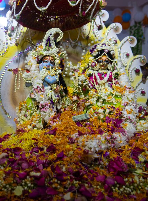 Free Colorful and intricate floral adornment on Indian deity statues in a traditional setting. Stock Photo