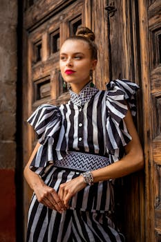 Fashionable woman in a striped outfit poses confidently in front of a rustic wooden door in Mexico City.