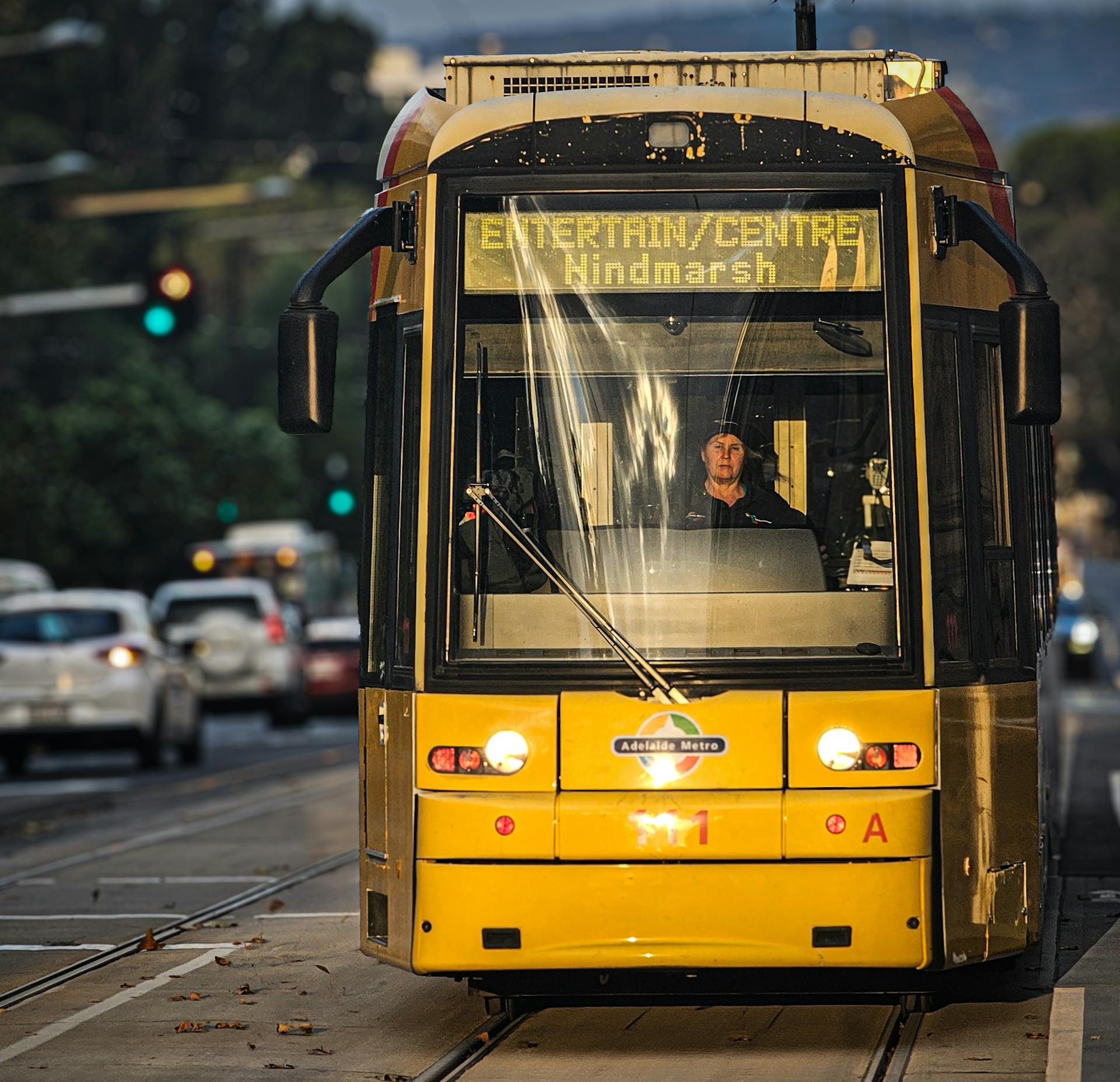 Yellow Tram on Street in Adelaide in Australia
