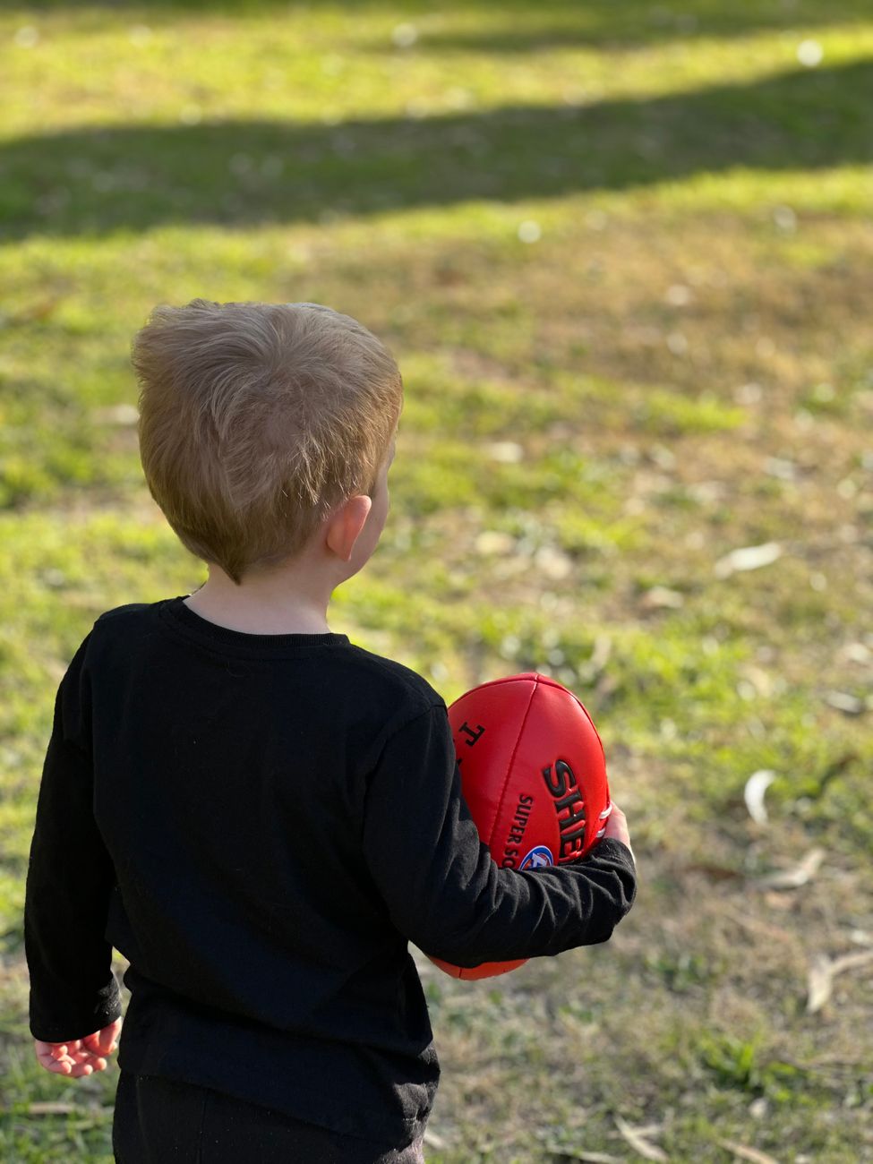 A junior footballer holds a red ball on an oval, the age group carrying the longest exposure to repeat head knocks.