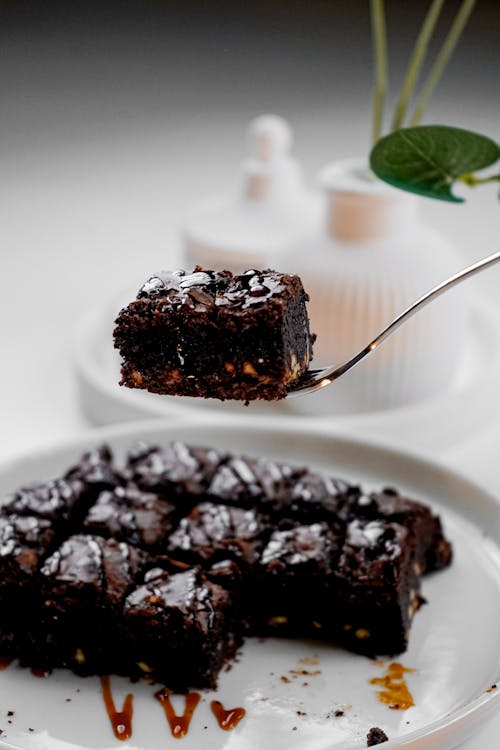 A fork is holding a piece of brownie on a plate